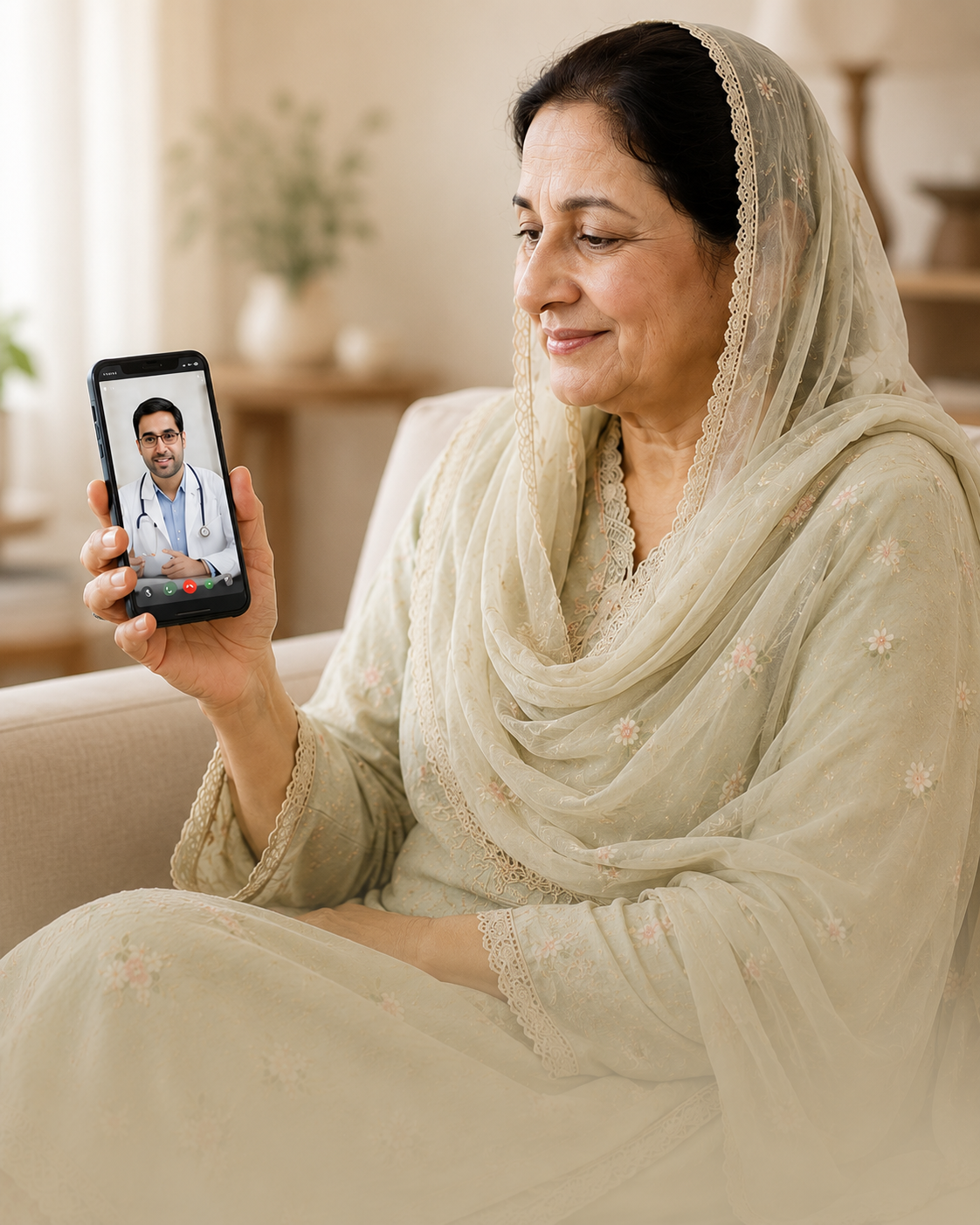 A woman at home seeing her doctor on a video call