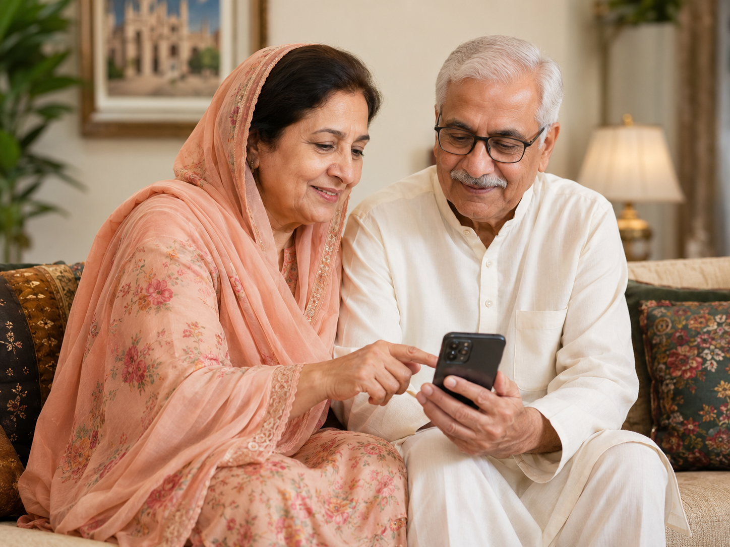 An older couple looking at the Hayat app together at home
